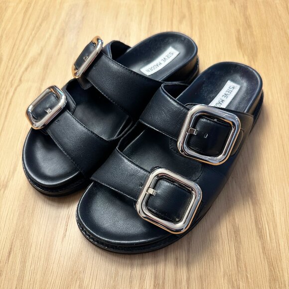 Steve Madden Black Cape Gold Buckle Sandals Size 8 - Picture 1 of 7